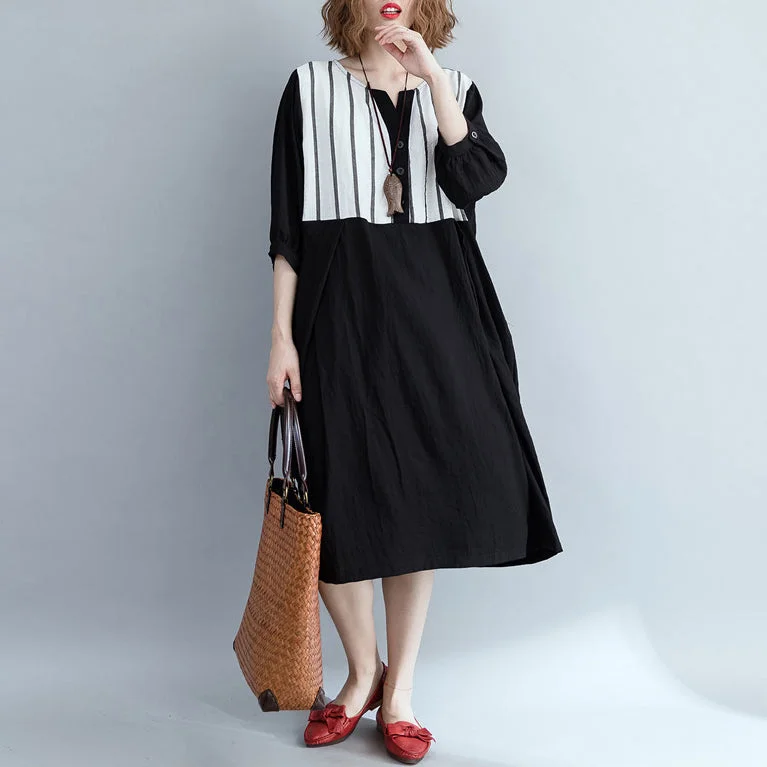 Loose black striped Cotton clothes Women Fashion Outfits patchwork Plus Size Dress Plus Size Fit-and-flare