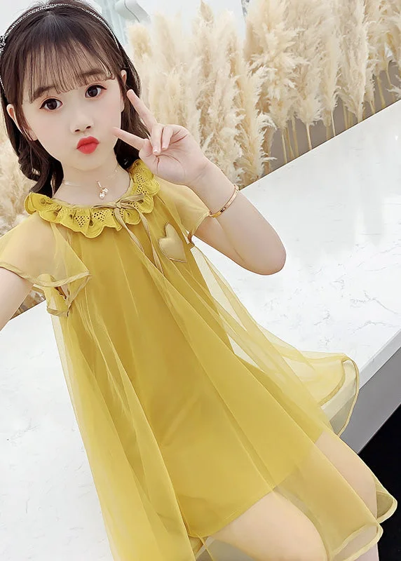 Fashion Yellow O-Neck Wrinkled Tulle Kids Long Dress Summer Tulle Bodycon Dress