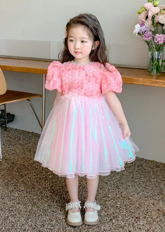 Cute Pink Wrinkled Nail Bead Patchwork Tulle Baby Girls Dress Short Sleeve Elegant Tulle Dress