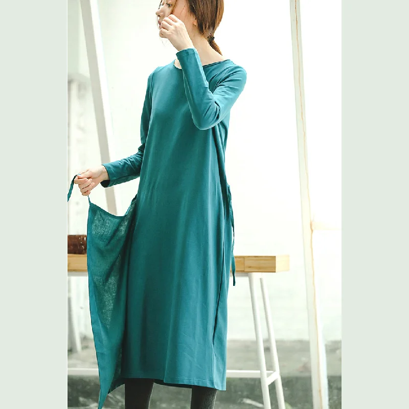 Fine blue plus size clothing dresses tie waist asymmetrical design Fine O neck midi dress Plus Size Tunic