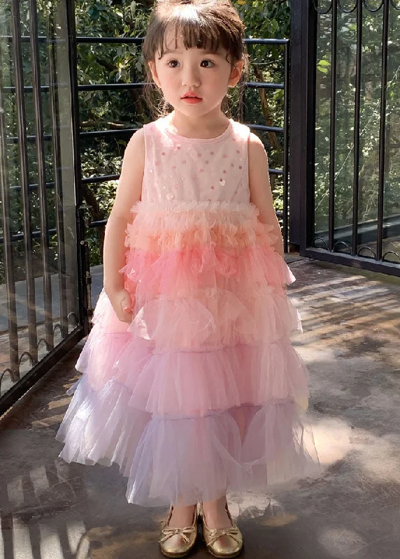 Style Gradient Pink O Neck Ruffled Patchwork Tulle Baby Girls Dresses Sleeveless Classic Tulle Dress