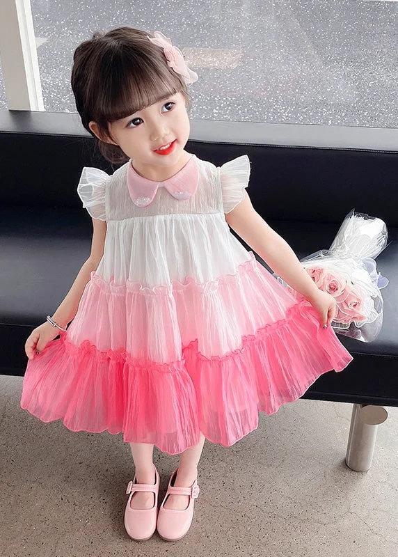 Lovely Pink Ruffled Patchwork Tulle Kids Layered Maxi Dresses Sleeveless Romantic Tulle Dress