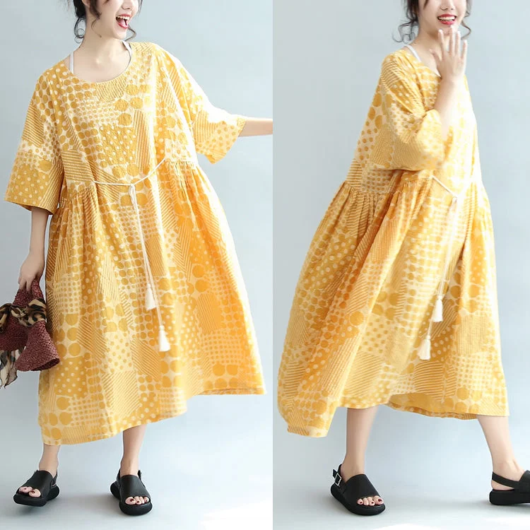 2024 yellow casual cotton dresses print  plus size sundress bracelet sleeved maxi dress Plus Size Knee-length