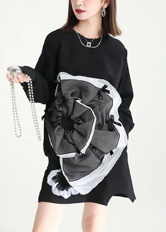 Bohemian Black Asymmetrical Patchwork Tulle Applique Cotton Sweatshirts Dress Fall Stylish Tulle Gown