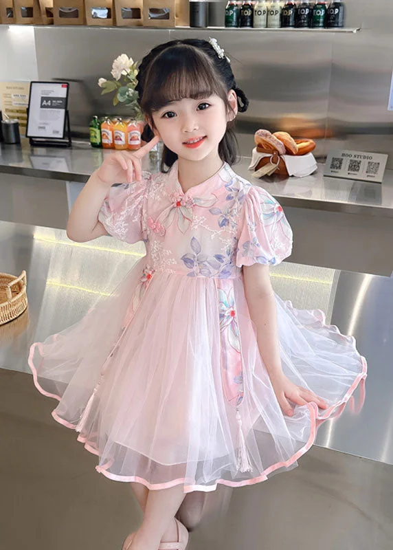 Cute Pink Print Wrinkled Patchwork Tulle Kids Girls Dresses Summer Formal Tulle Dress