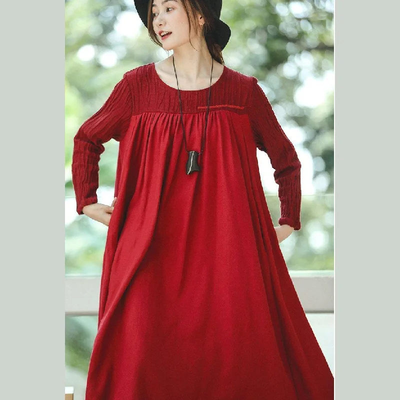 New red plus size clothing O neck embroidery caftans boutique long sleeve large hem dresses Plus Size Embellished