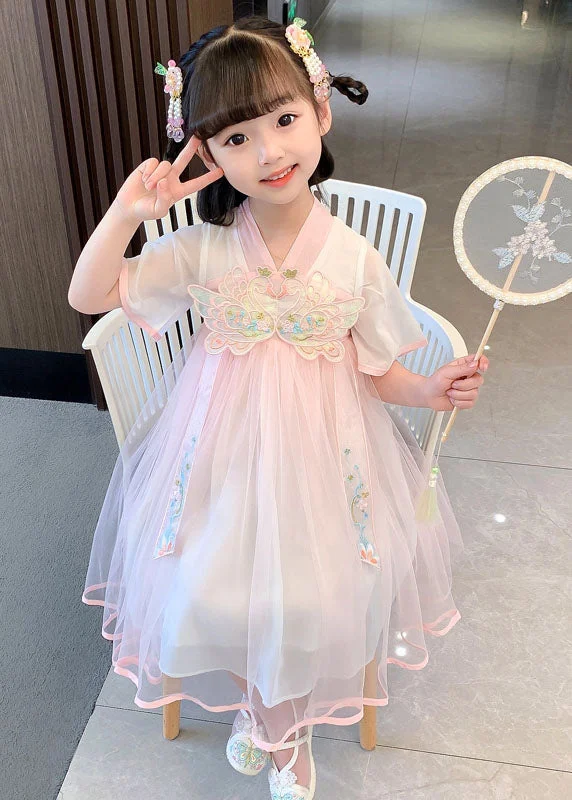 Cute Pink Embroideried Wrinkled Patchwork Tulle Baby Girls Dress Summer Tulle Dress Sleek