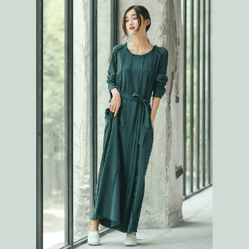 boutique blackish green plus size clothing O neck baggy dresses traveling clothing Elegant tie waist dresses Boho Plus Dress