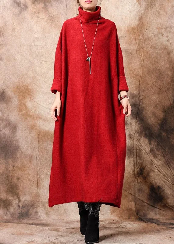 Pullover high neck Sweater dresses plus size red Hipster knitted tops fall Simple Plus Dress