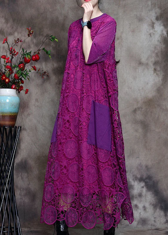 Plus Size Purple Lace Pockets side open Fall Long sleeve Dresses Boho Plus Dress