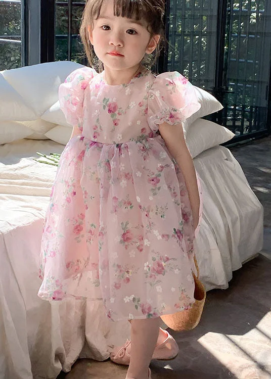 Fashion Pink O Neck Print Wrinkled Patchwork Tulle Kids Girls Dresses Summer Tulle Party Gown