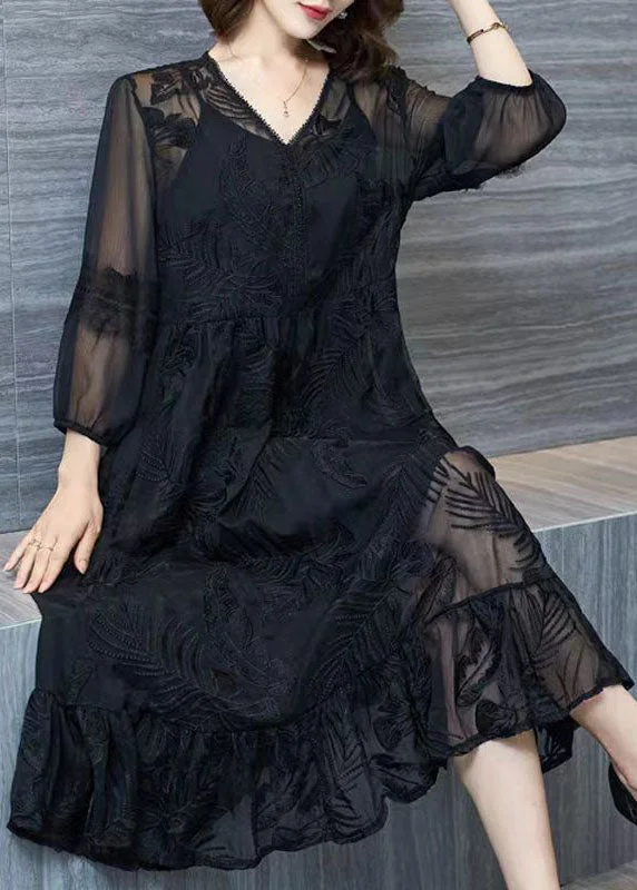 Organic Black V Neck Embroideried Patchwork Tulle Dresses Summer Sexy Tulle Dress