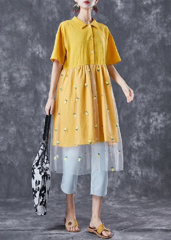 Organic Yellow Embroideried Patchwork Tulle Cotton Dress Summer Sequin Tulle Dress