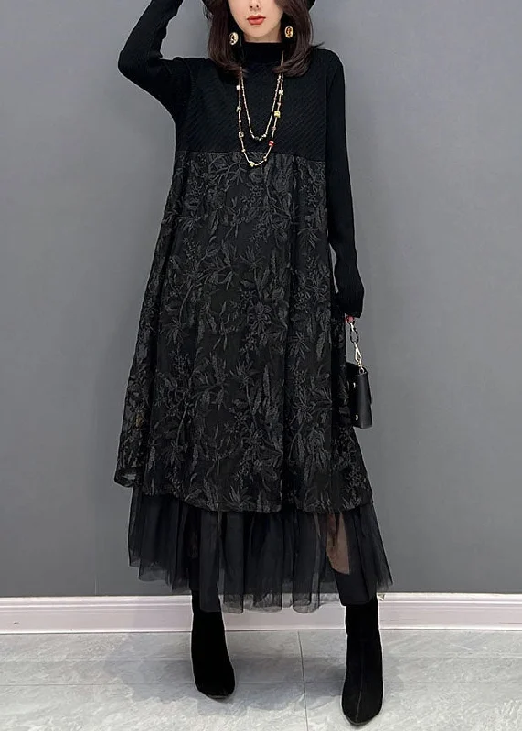 Chic Black Embroideried Tulle Patchwork Knit Dresses Winter Ruffled Tulle Dress