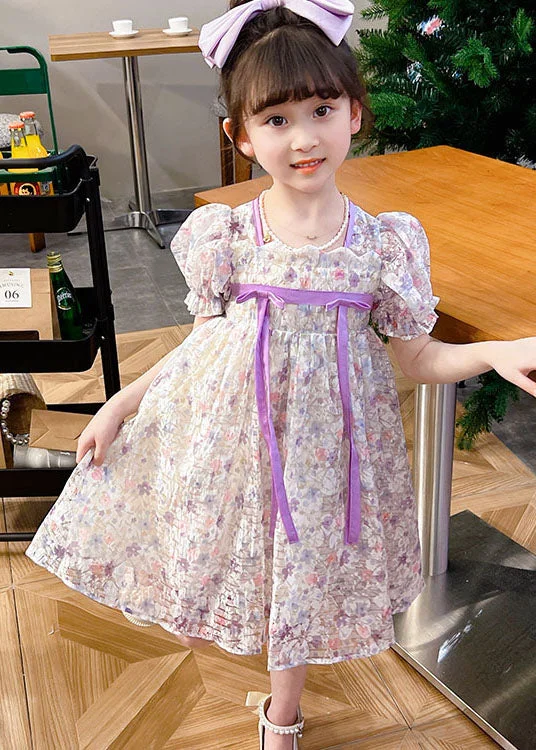 light Purple Print Patchwork Tulle Baby Girls Dress Wrinkled Summer Sexy Tulle Dress