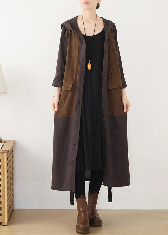 Beautiful hooded Plus Size striped trench coat chocolate cotton women coats Plus Size Polka-dots