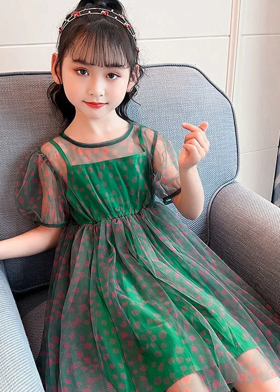 Unique Green O-Neck Dot Patchwork Tulle Girls Long Dress Summer Lace Tulle Dress