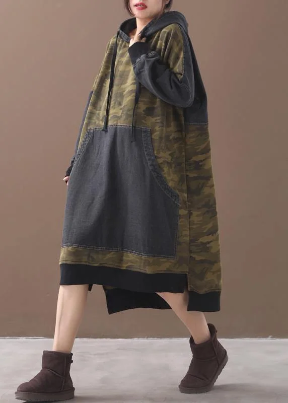 Classy patchwork cotton hooded quilting dresses Shape green Camouflage Plus Size Dresses Plus Size Skirt