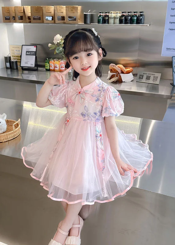 Cute Pink Embroideried Chinese Button Patchwork Tulle Baby Girls Dresses Summer Tulle Dress Party