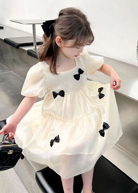 Beautiful Beige O Neck Bow Patchwork Tulle Kids Girls Dress Summer Tulle Dress Color