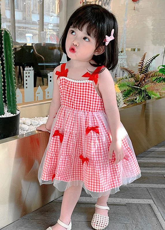 Elegant Red Plaid Patchwork Tulle Kids Slip Long Dress Summer Tulle Evening Dress