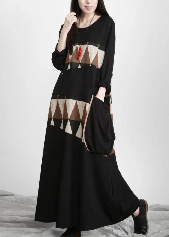 Plus Size Black Patchwork Print Pockets Asymmetrical Design Maxi Dress Fall Plus Size Tunic