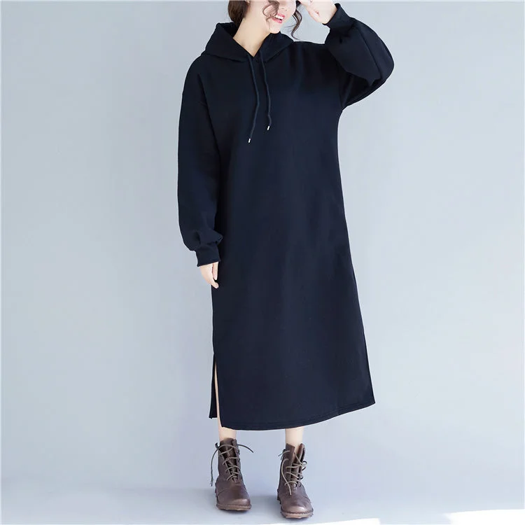 New black spring dress plus size gown hooded side open drawstring cotton clothing dress Plus Size Style