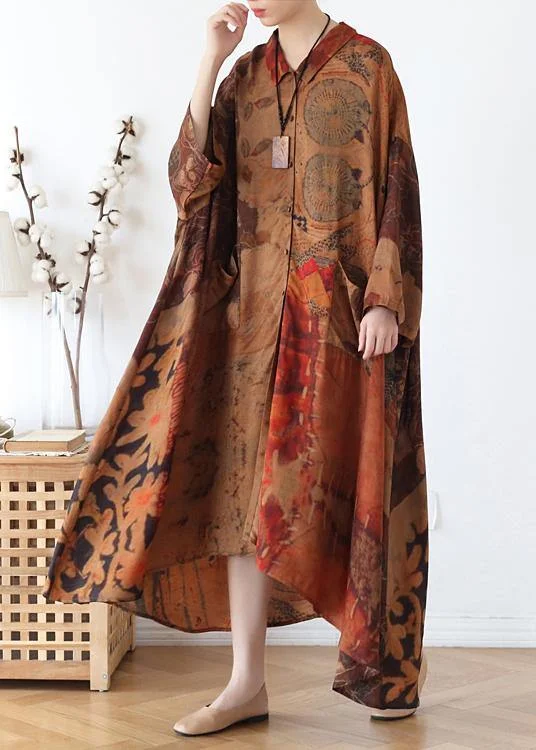 Plus Size Chocolate Print Button Spring Chiffon Dress Plus Size High-low