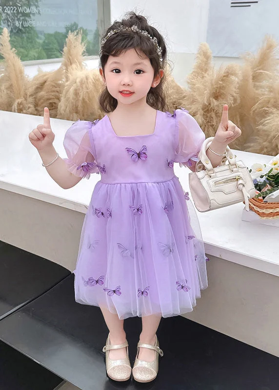 Purple Wrinkled Bow Tulle Kids Vacation Maxi Dresses Summer Romantic Tulle Gown