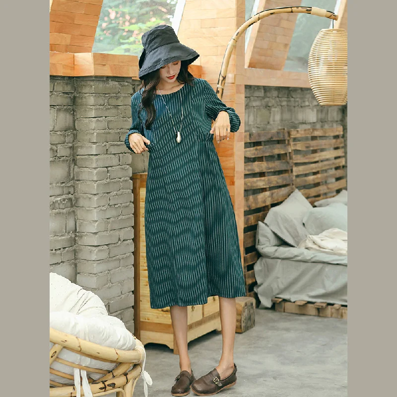 vintage green striped dresses trendy plus size pockets vintage o neck dresses Plus Size Top