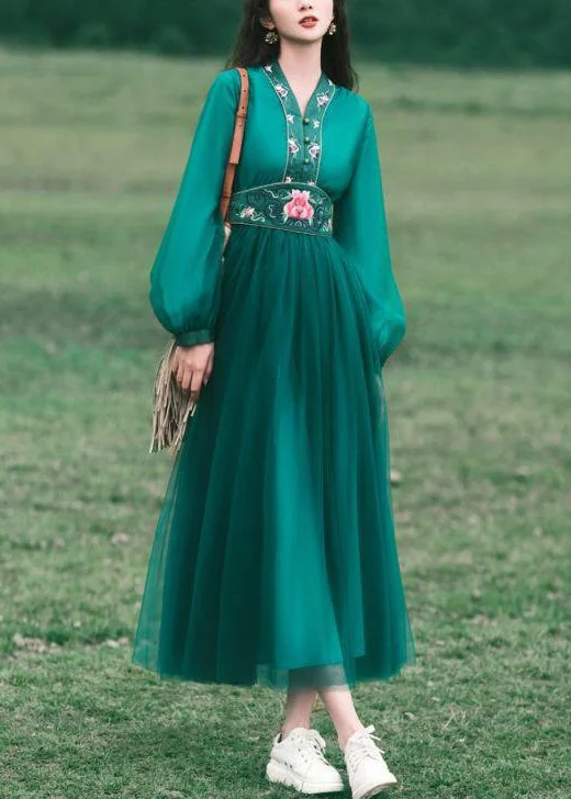 New Green V Neck Embroidered Tulle Long Dress Spring Vintage Tulle Dress