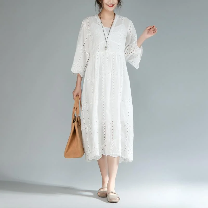 baggy cotton sundress plus size Two Pieces Set V Neck Three Quarter Sleeve White Dress Plus Size Sleeveless