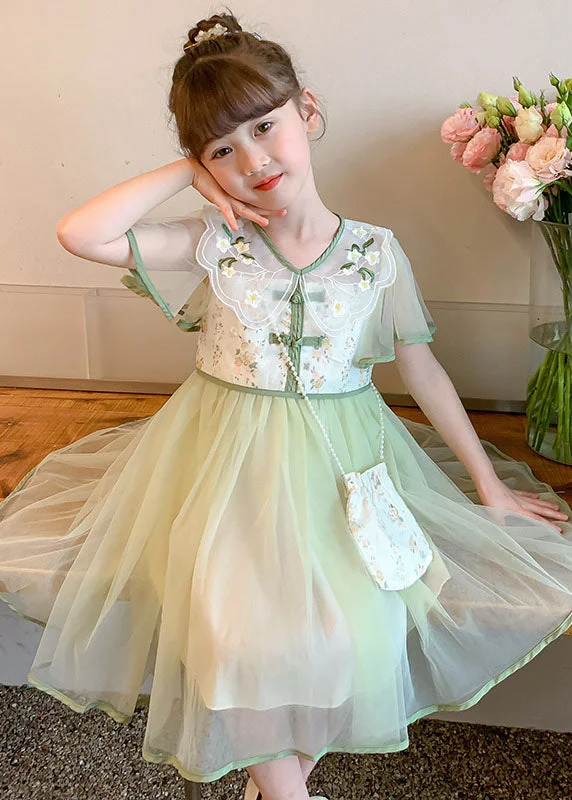 Stylish Light Green Embroideried Wrinkled Patchwork Tulle Kids Girls Dress Summer Tulle Dress Fit