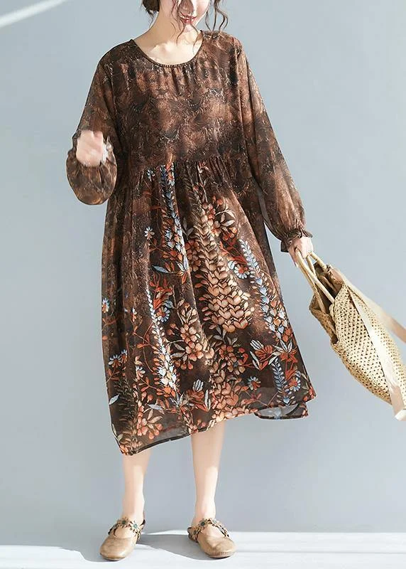 Vivid O Neck Cinched Summer Tunic Catwalk Chocolate Print Plus Size Dresses Plus Size Ruffles