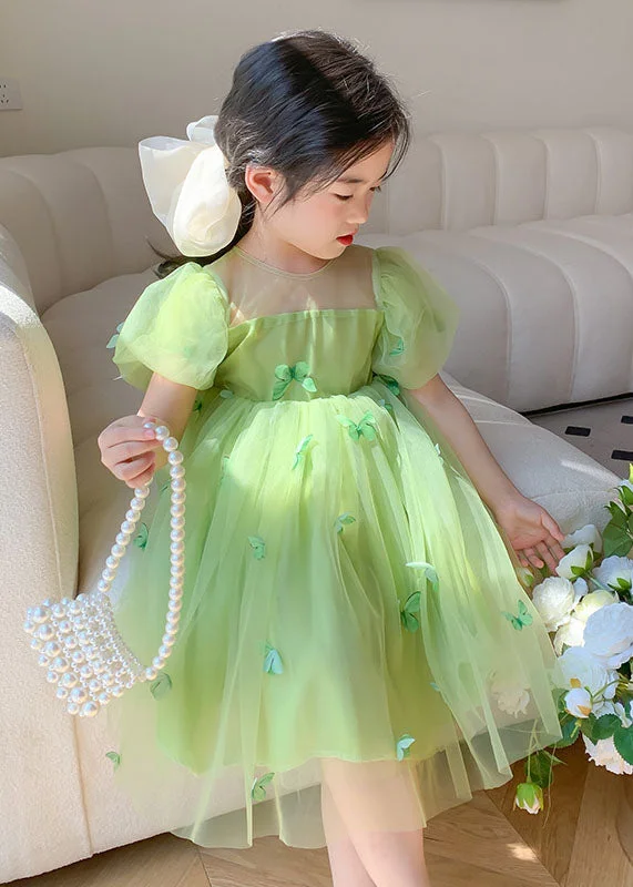 Lovely Green Wrinkled Butterfly Patchwork Tulle Baby Girls Dresses Summer Tulle Dress Blush