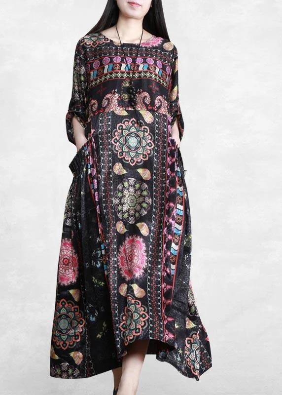 Bohemian Black Print Dress O Neck Pockets Plus Size Dress Plus Size Glitter