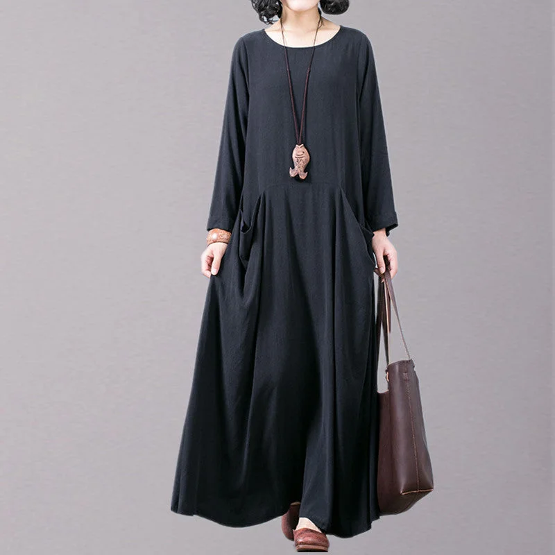 New black fall dress plus size O neck pockets traveling clothing boutique long sleeve autumn dress Plus Size Colorblock