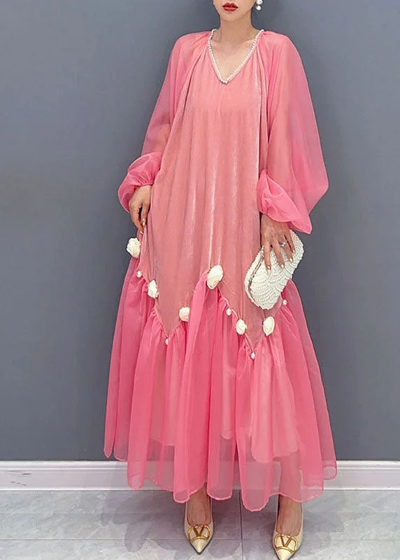 Natural Pink V Neck Tulle Patchwork Silk Velour Maxi Dress Long Sleeve Stylish Tulle Dress