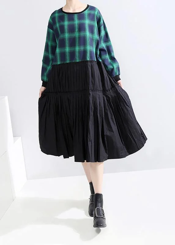 Classy long sleeve cotton clothes Photography green plaid patchwork Plus Size Dresses Summer Plus Dress