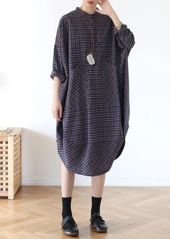 Plus Size Blue Plaid Cotton long shirt Button Spring Long Dresses Formal Plus Gown