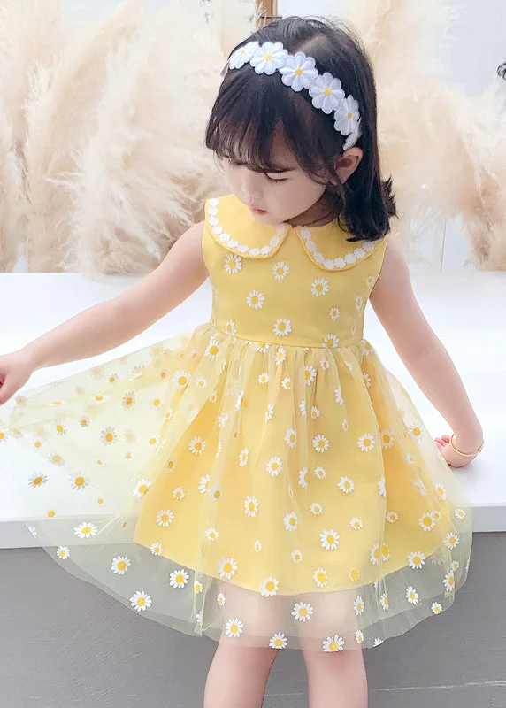 Stylish Yellow Patchwork Tulle Kids Long Dresses Sleeveless Soft Layered Tulle