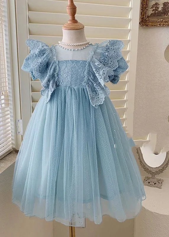 Handmade Blue O-Neck Patchwork Nail Bead Tulle Girls Maxi Dress Summer Black Tulle Dress