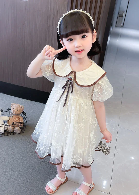 Cute Apricot Peter Pan Collar Wrinkled Patchwork Tulle Baby Girls Dresses Summer Pretty Tulle Dress