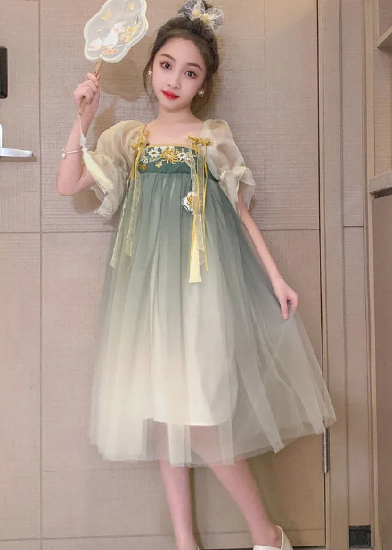 Vintage Green Gradient Embroideried Patchwork Tulle Baby Girls Dresses Summer Boho Tulle Dress