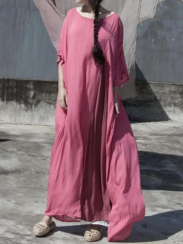 DIY o neck baggy cotton dress pattern pink Plus Size Dress Casual Plus Gown