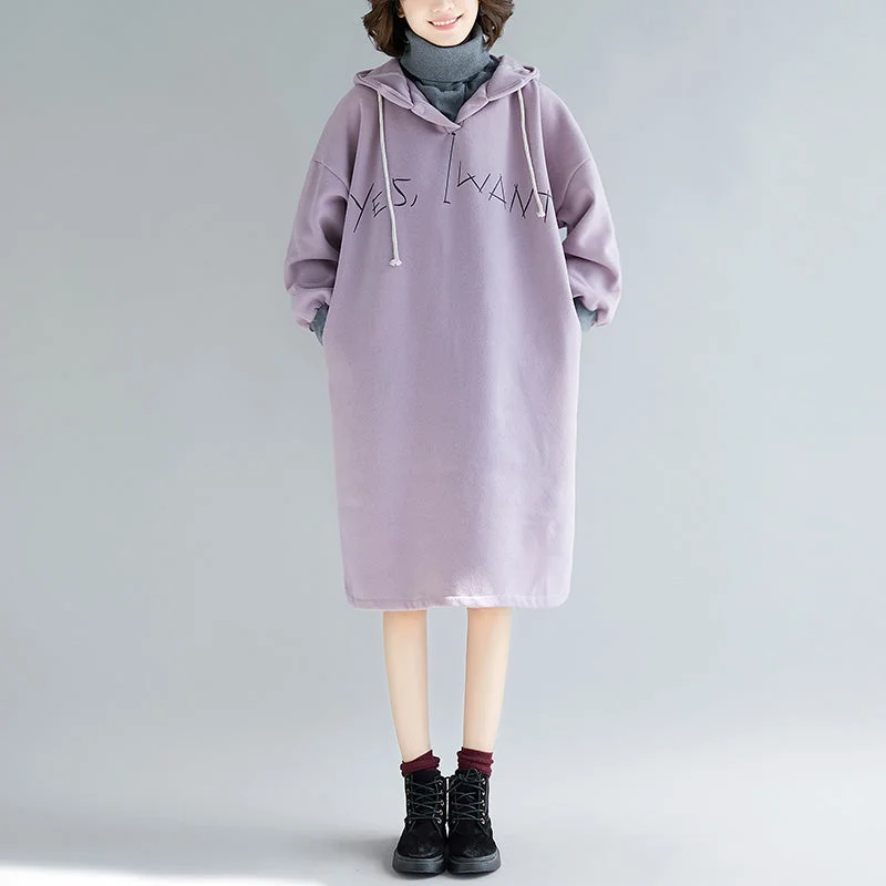 fine purple long sleeve cotton dress plus size false two pieces spring dress hooded dresses Trendy Plus Size