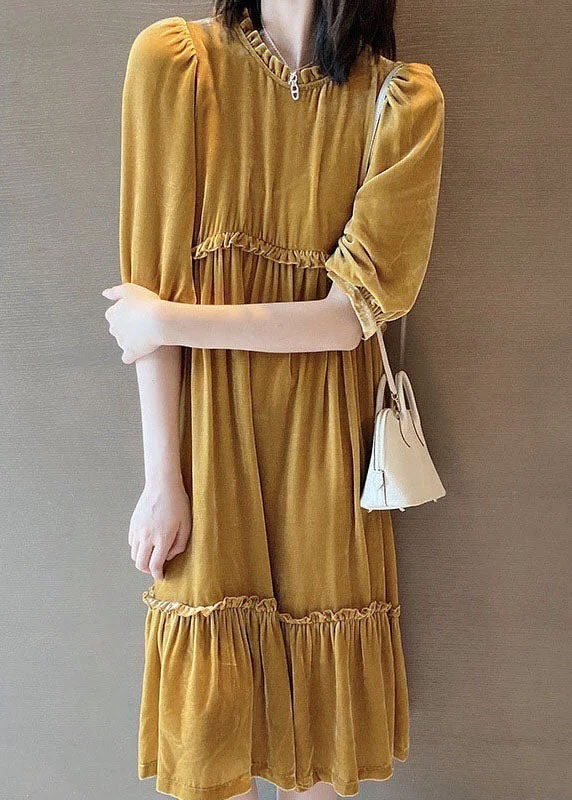 Plus Size Yellow Ruffled Patchwork velour Fall Half Sleeve Maxi Dresses Comfortable Plus Dress