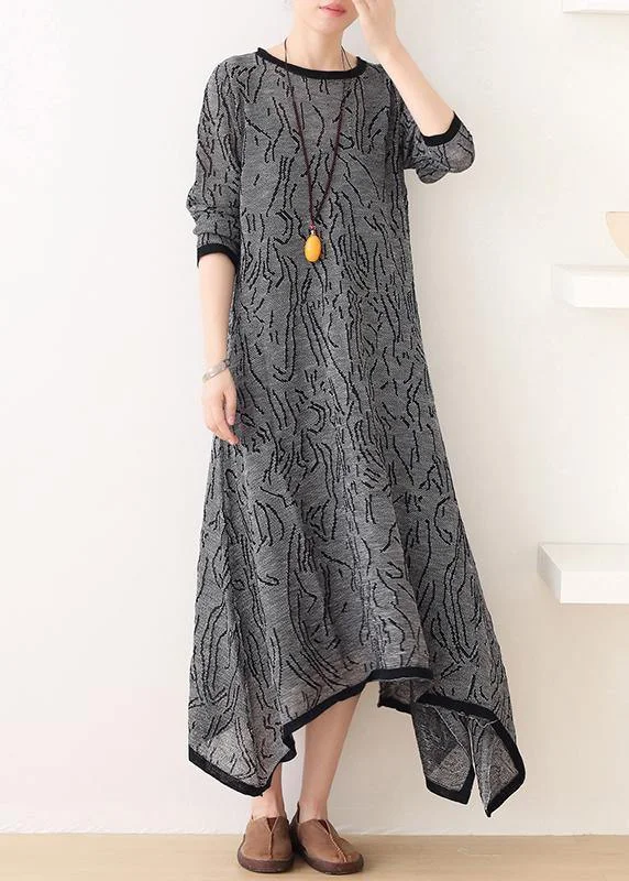 French gray striped quilting clothes o neck asymmetric Plus Size Clothing Dress Casual Plus Dress