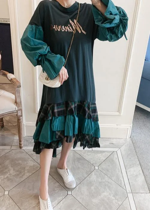 Modern O Neck Ruffles Spring Tunic Pattern Work Outfits Green Letter Plus Size Dresses Plus Size Day