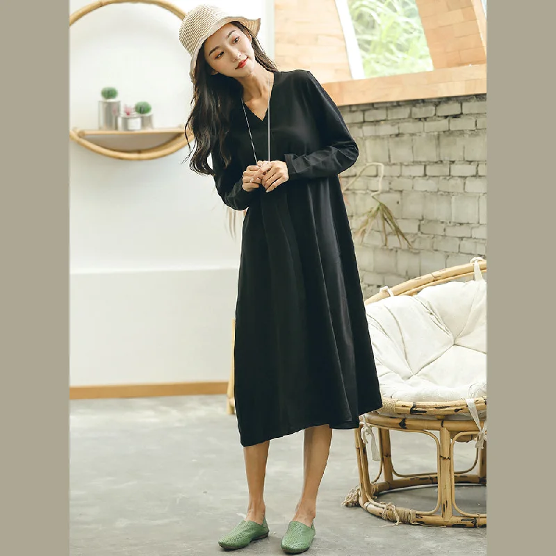 fine black plus size fall dresses baggy casual V neck Jacquard dresses Sleeveless Plus Dress